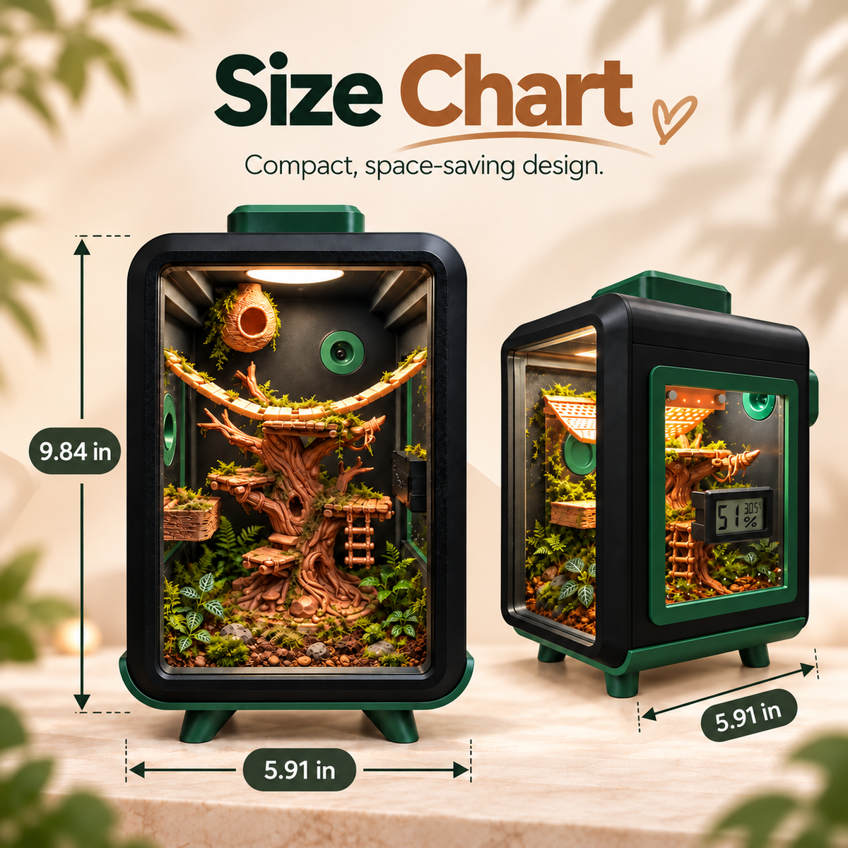 Size chart graphic showing two views of a compact terrarium with dimensions labeled: 9.84 in height, 5.91 width and depth