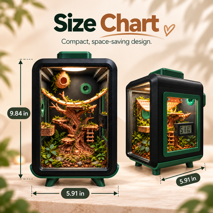 Size chart graphic showing two views of a compact terrarium with dimensions labeled: 9.84 in height, 5.91 width and depth