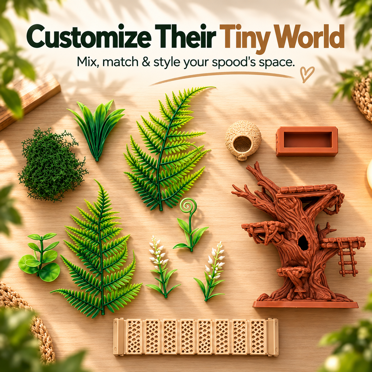 A styled flat-lay of miniature garden decor and accessories on a light wood surface, including green artificial ferns and plants, a brown treehouse structure, a small terracotta pot, a brick-like planter, and a beige trellis. Large text at the top reads, 'Customize Their Tiny World' with smaller text below.