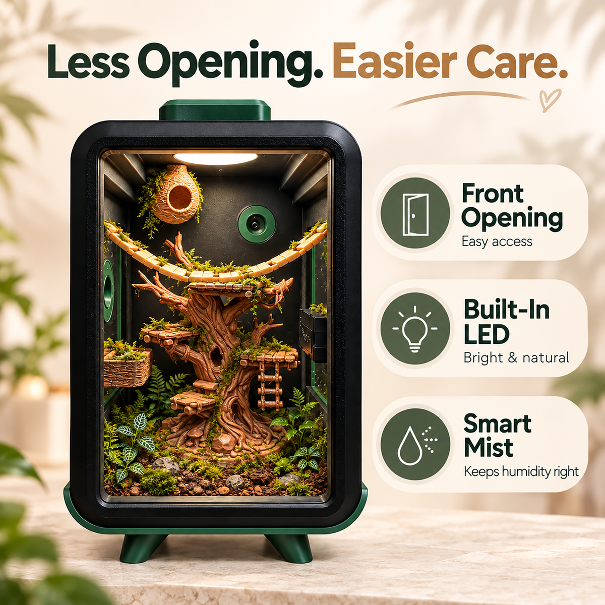 A terrarium display case with a black front frame and green base, shown with a planted forest setup inside. Large text at the top reads 'Less Opening. Easier Care'