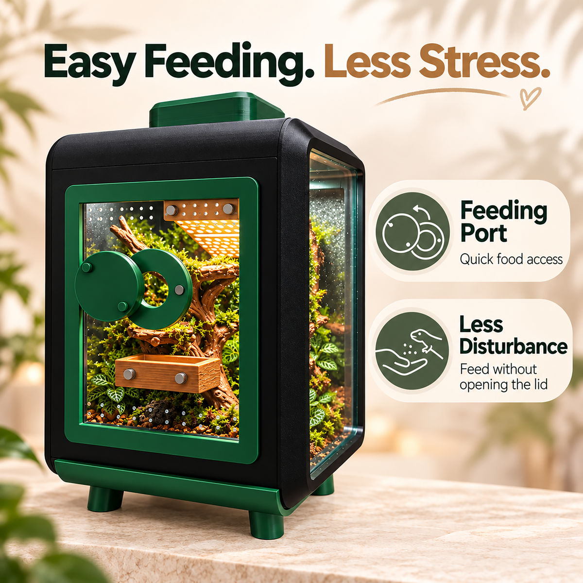 A small terrarium-style feeding cage with a black exterior and green trim, shown on a tabletop with promotional text and callout icons. The cage has glass panels, a green lid, a wooden perch, and a mossy interior.