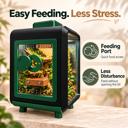 A small terrarium-style feeding cage with a black exterior and green trim, shown on a tabletop with promotional text and callout icons. The cage has glass panels, a green lid, a wooden perch, and a mossy interior.
