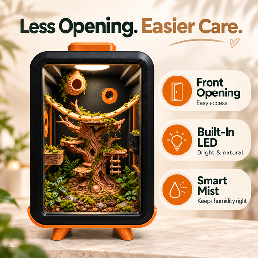 A small terrarium-style enclosure with a black frame and orange feet, shown with a lush mossy treehouse interior. Large text at the top reads 'Less Opening. Easier Care.'