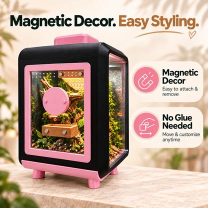 A pink and black magnetic pet terrarium with a acrylic front door, shown on a stone surface with promotional text and icons about magnetic decor and no glue needed.