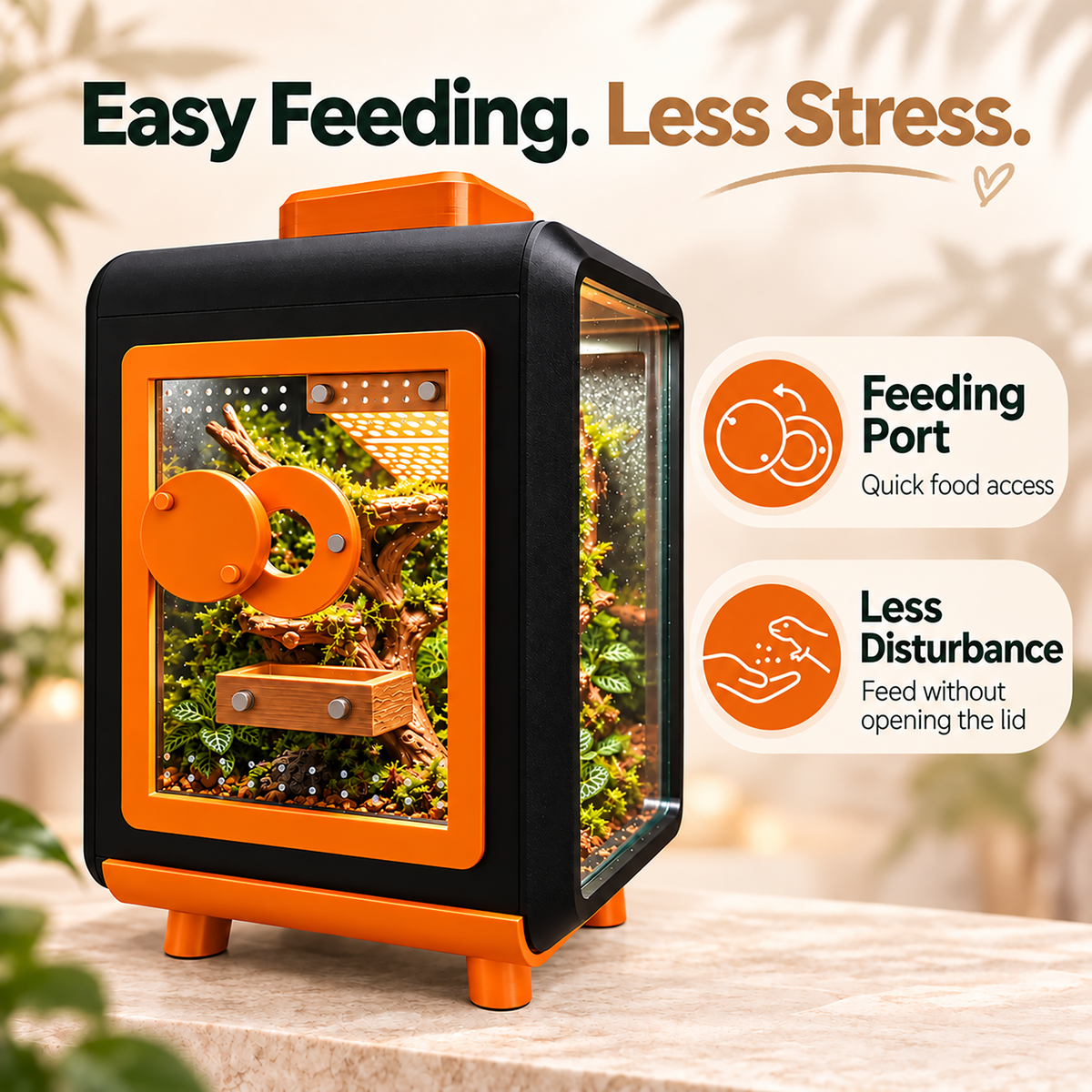An orange and black terrarium with a acrylic front panel, shown on a stone surface with decorative plants in the background. Text on the image highlights easy feeding, less stress, a feeding port for quick food access, and reduced disturbance.