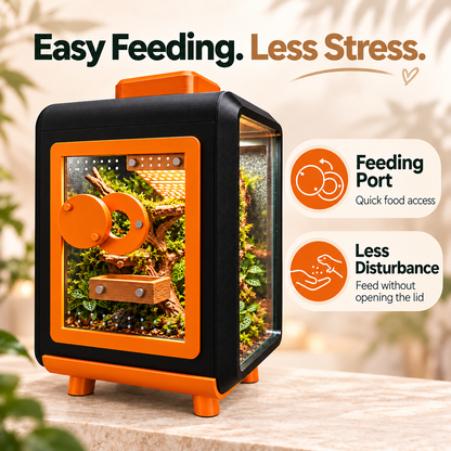 An orange and black terrarium with a acrylic front panel, shown on a stone surface with decorative plants in the background. Text on the image highlights easy feeding, less stress, a feeding port for quick food access, and reduced disturbance.