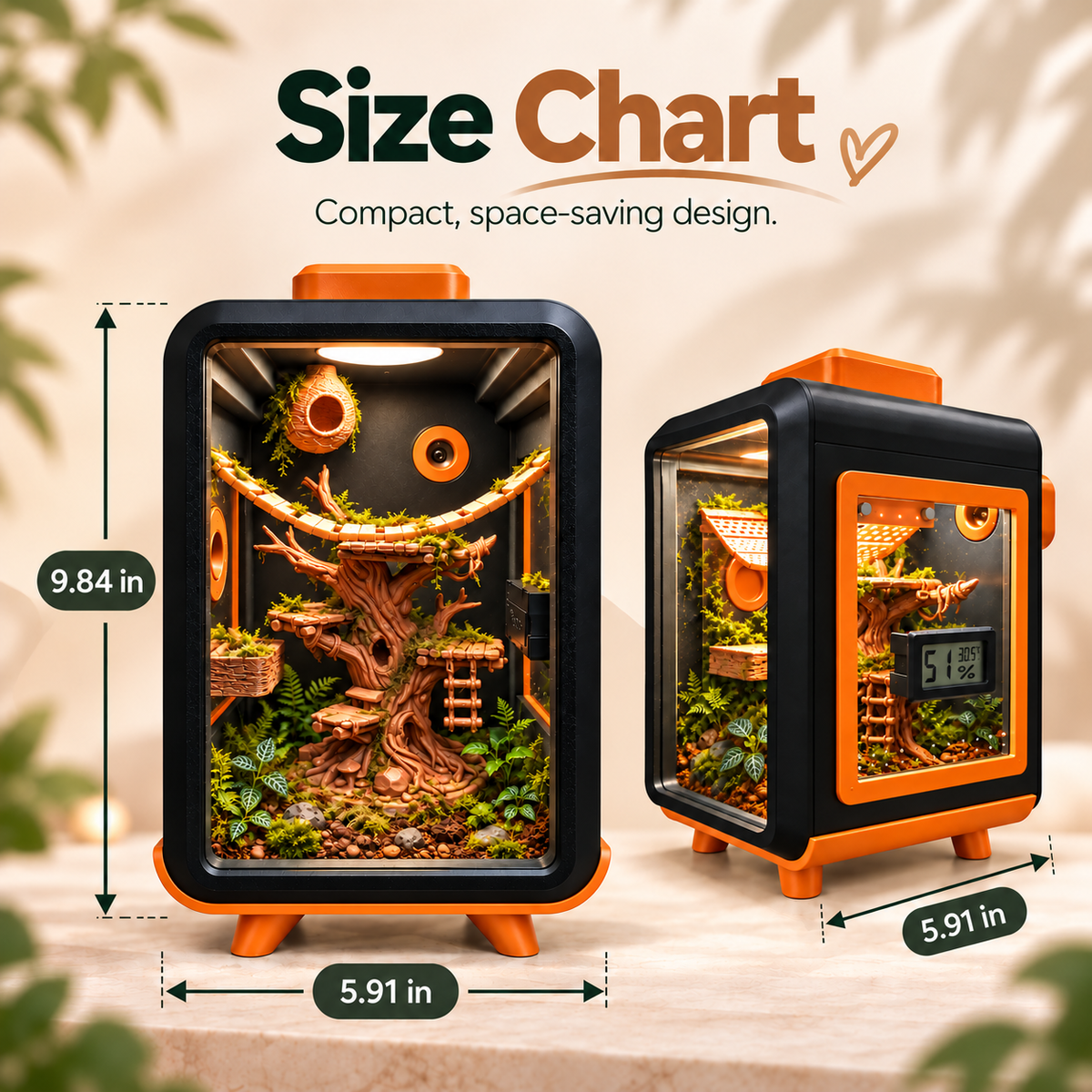 Size chart graphic showing a small terrarium in two views with dimension callouts: 9.84 in height, 5.91 in width and depth