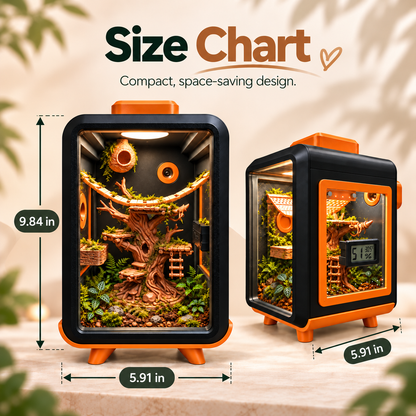 Size chart graphic showing a small terrarium in two views with dimension callouts: 9.84 in height, 5.91 in width and depth