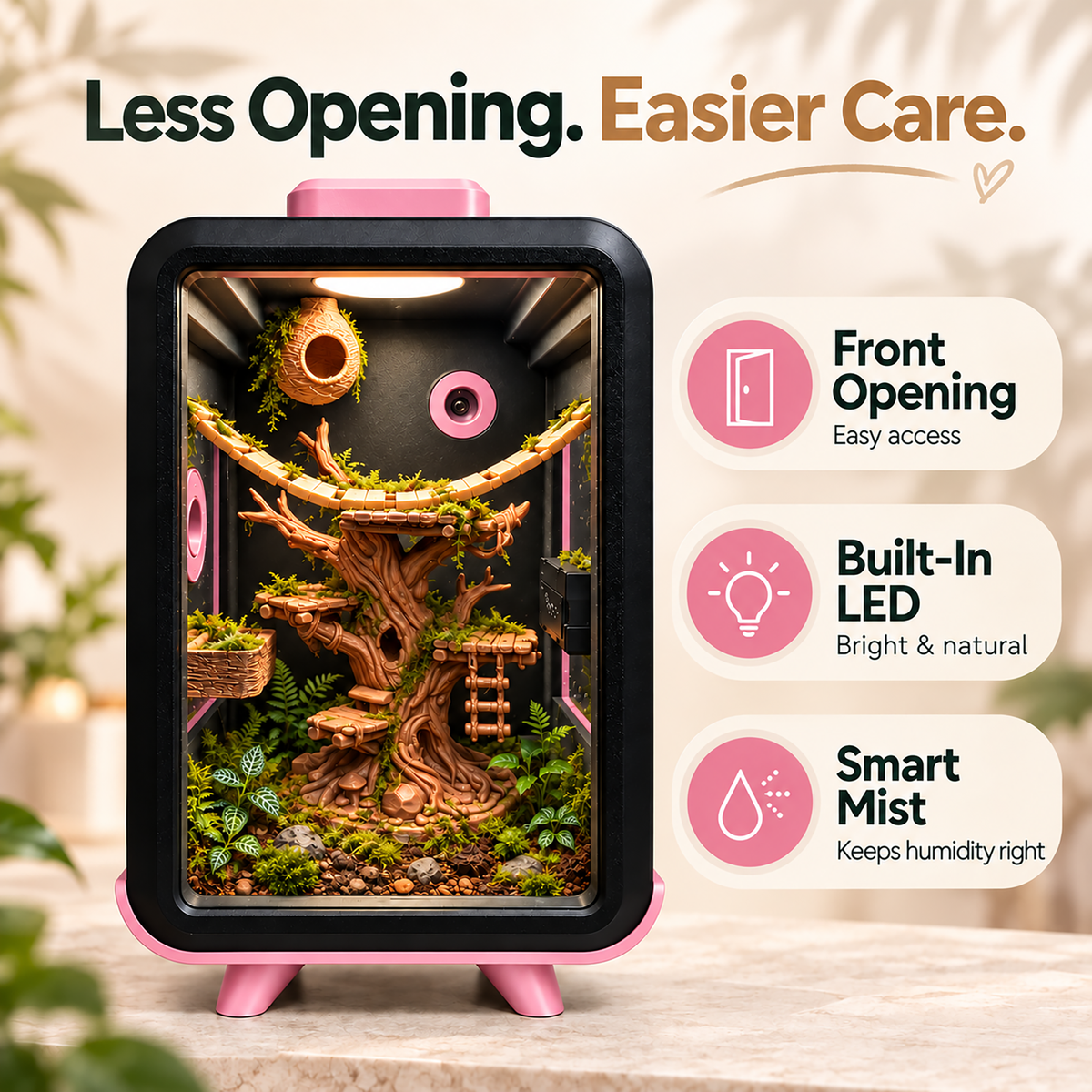 A pink and black pet terrarium with a naturalistic treehouse enrichment setup inside, shown on a light beige background with marketing text and feature callouts about front opening, built-in LED lighting, and smart mist.