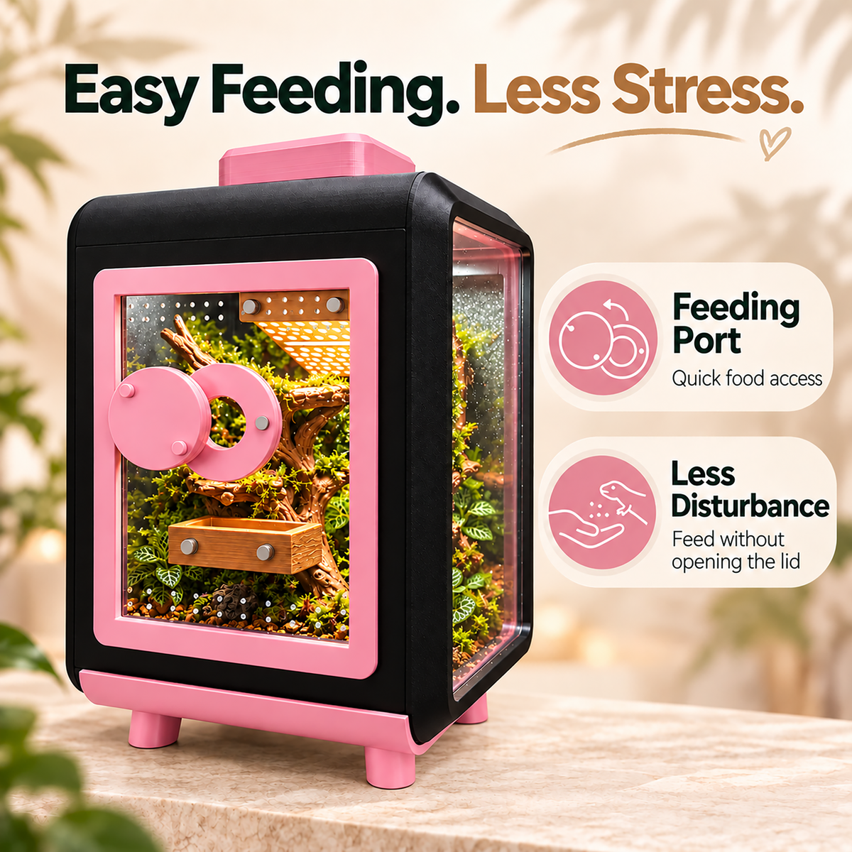 Pink and black pet terrarium with a acrylic front door, shown on a stone surface with marketing text and callout bubbles about easy feeding and less stress.