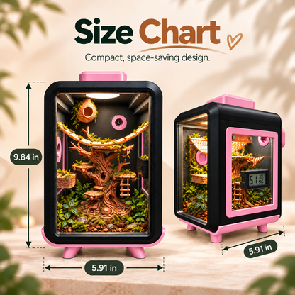 Size chart graphic showing a small pink-and-black terrarium from two angles with dimension callouts: 9.84 in height, 5.91 width and depth