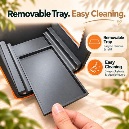 A close-up of a black removable tray being pulled out by a hand, with promotional text reading 'Removable Tray. Easy Cleaning.