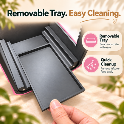 A close-up of a black rectangular removable tray being pulled out from a pink and black container, with marketing text and callout bubbles reading 'Removable Tray. Easy Cleaning.