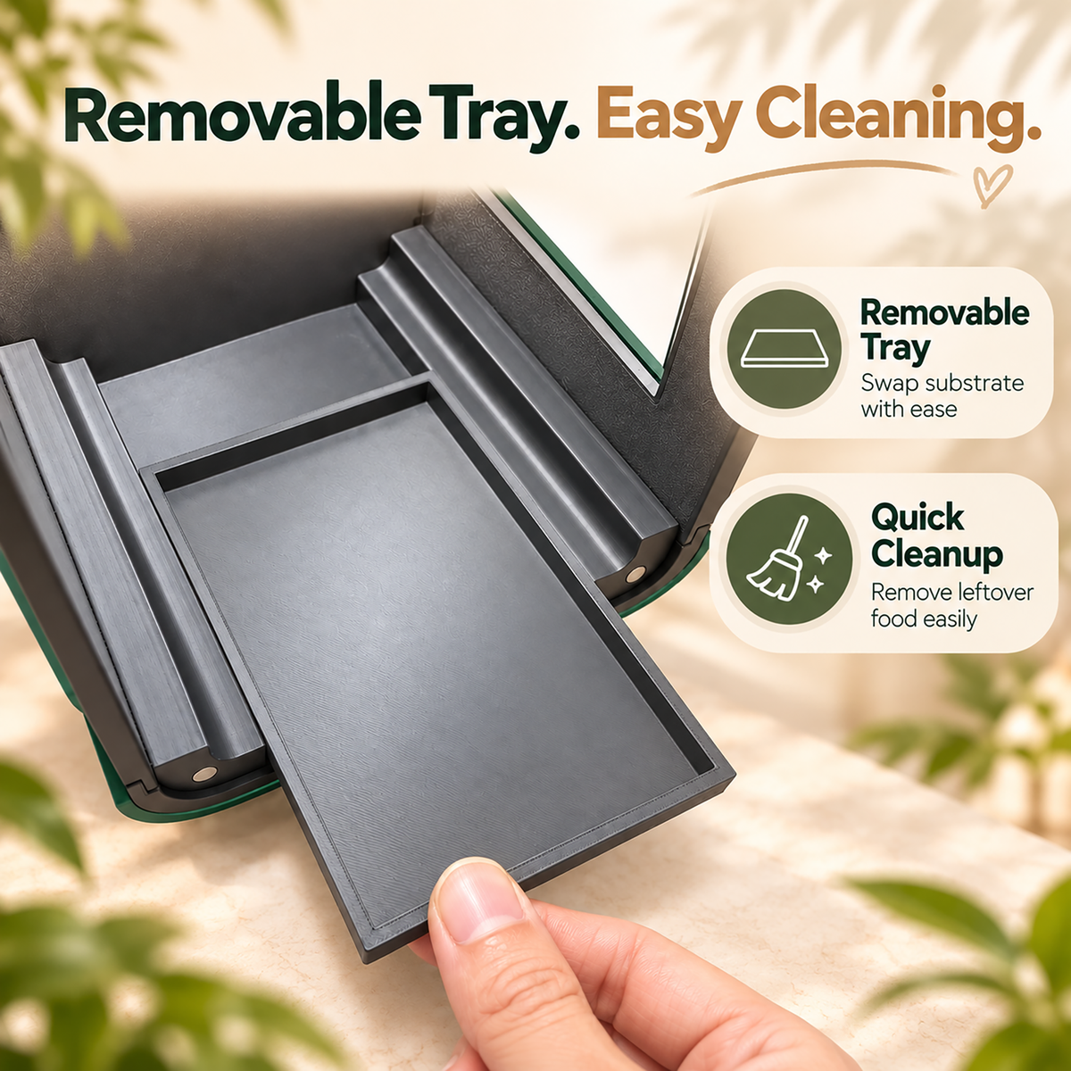 A close-up of a black rectangular removable tray being pulled out from a green and black container, with marketing text and callout bubbles reading 'Removable Tray. Easy Cleaning.