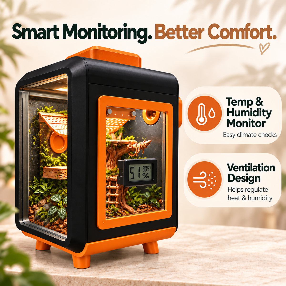 A small smart reptile terrarium with a black and orange frame, glass front, and interior climbing branches and moss. The image includes marketing text and callouts for temperature, humidity, and ventilation, shown on a softly blurred indoor background.