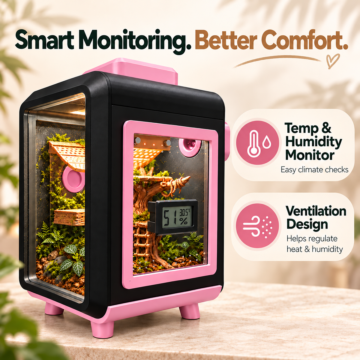 A small smart terrarium with a black body and pink trim, shown on a tabletop with decorative plants and a digital temperature/humidity display inside. Text on the image highlights smart monitoring, better comfort, temp and humidity monitoring, and ventilation design.