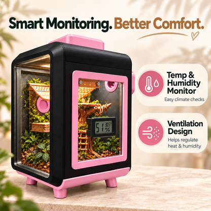 A small smart terrarium with a black body and pink trim, shown on a tabletop with decorative plants and a digital temperature/humidity display inside. Text on the image highlights smart monitoring, better comfort, temp and humidity monitoring, and ventilation design.