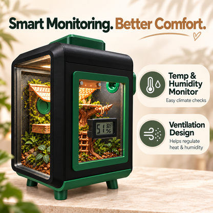 A smart terrarium with a black and green frame, acrylic front panels, and an interior forest floor setup with faux plants, branches, and a small digital temperature and humidity display. Text on the image highlights smart monitoring, better comfort, temp and humidity monitoring, and ventilation design.